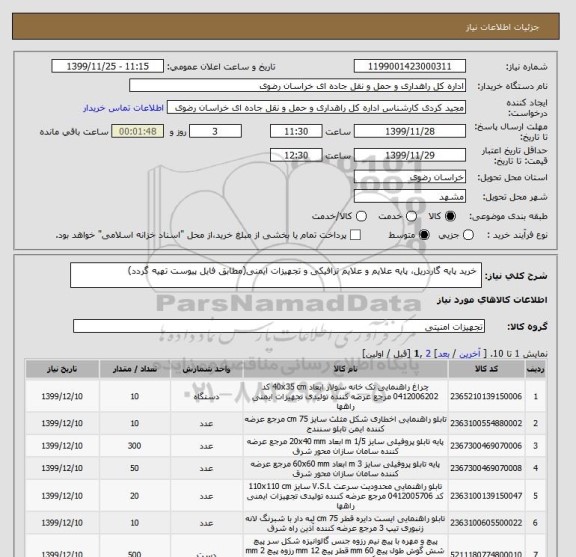استعلام  خرید پایه گاردریل، پایه علایم و علایم ترافیکی و تجهیزات ایمنی(مطابق فایل پیوست تهیه گردد)