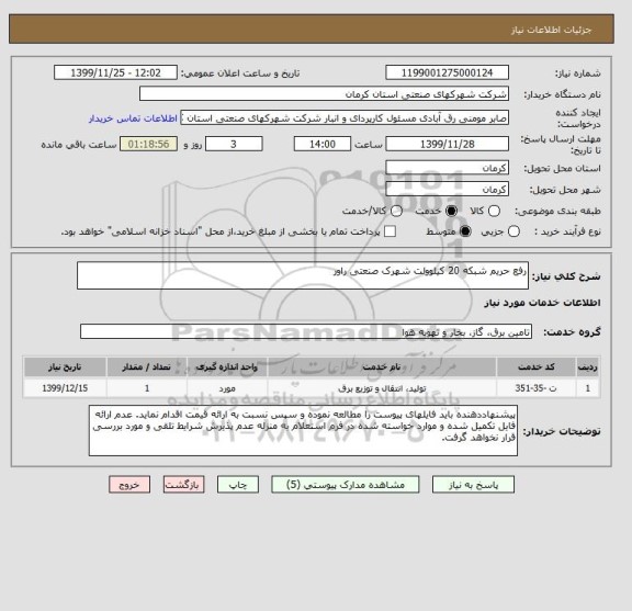 استعلام رفع حریم شبکه 20 کیلوولت شهرک صنعتی راور 