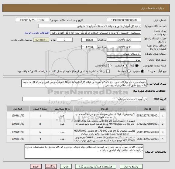 استعلام خریدتجهیزات و ابزارآلات مورد نیاز کارگاه آموزشی تراشکاری،فرزکاری وCNC مرکزآموزش فنی و حرفه ای شماره یک تبریز طبق استعلام بهاء پیوستی.