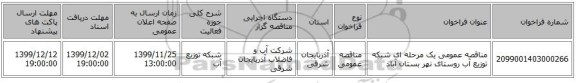 مناقصه عمومی یک مرحله ای شبکه توزیع آب روستای نهر بستان آباد