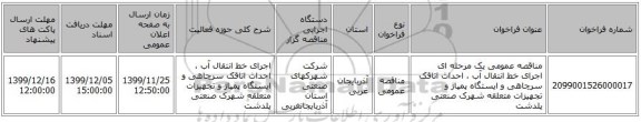 مناقصه عمومی یک مرحله ای اجرای خط انتقال آب ، احداث اتاقک سرچاهی و ایستگاه پمپاژ و تجهیزات متعلقه شهرک صنعتی پلدشت