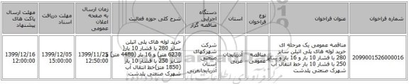مناقصه عمومی یک مرحله ای خرید لوله های پلی اتیلن سایز 280 با فشار 10 بار و 16 بار و سایز 250 با فشار 10 بار خط انتقال آب شهرک صنعتی پلدشت 