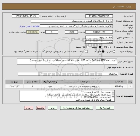 استعلام کابینت تمام MDF، پانل PVC ، کمد MDF ، فایل سه کشو، میز هایگلاس، پارتشن ( طبق پیوست)