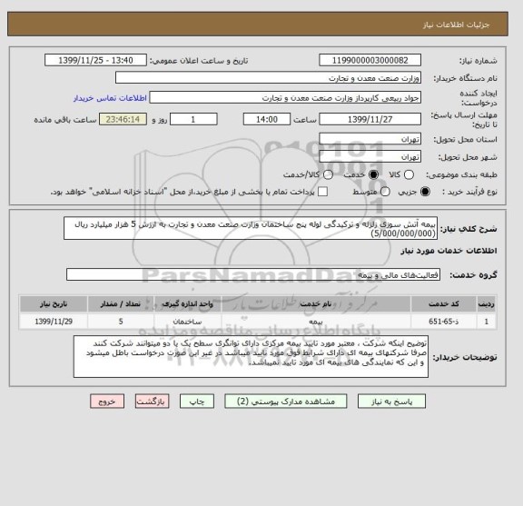 استعلام بیمه آتش سوزی زلزله و ترکیدگی لوله پنج ساختمان وزارت صنعت معدن و تجارت به ارزش 5 هزار میلیارد ریال (5/000/000/000)