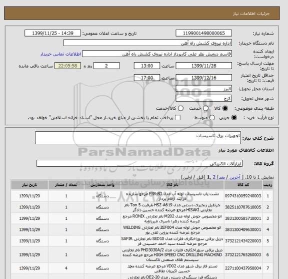 استعلام تجهیزات برق تاسیسات