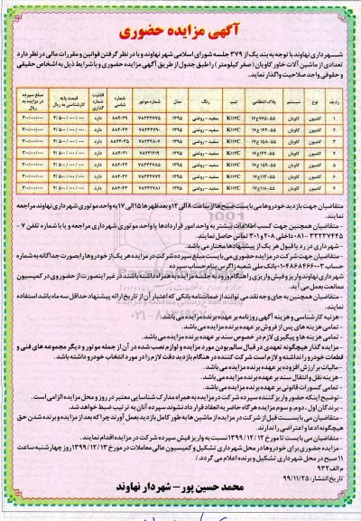 مزایده حضوریع مزایده تعدادی از ماشین آلات خاور کاویان (صفر کیلومتر) 