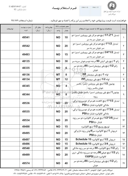 استعلام، استعلام تبدیل 1 * 2 . 1/1 اینچ هم مرکز پلی پروپلین... 