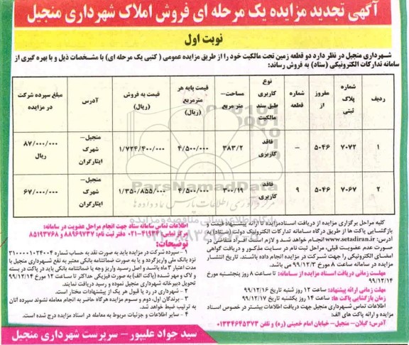 مزایده ،مزایده فروش دو قطعه زمین نوبت اول 