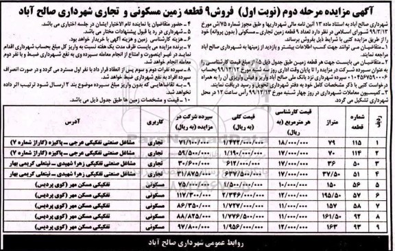 مزایده، مزایده فروش 9 قطعه زمین مسکونی و تجاری نوبت اول مرحله دوم  