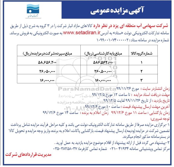 مزایده عمومی, مزایده فروش کالاهای مازاد انبار شرکت