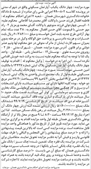 مزایده،مزایده چهار دانگ یکباب آپارتمان مسکونی نوبت اول