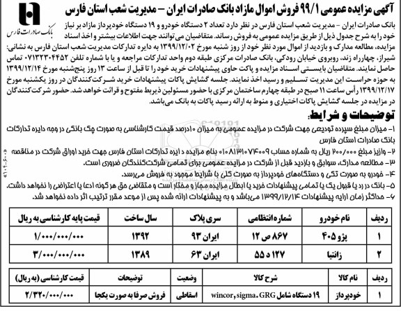 مزایده، مزایده فروش تعداد 2 دستگاه خودرو و 19 دستگاه خودپرداز مازاد