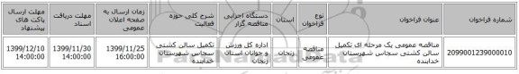 مناقصه عمومی یک مرحله ای تکمیل سالن کشتی سجاس شهرستان خدابنده