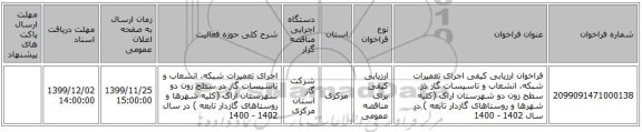 فراخوان ارزیابی کیفی   اجرای تعمیرات شبکه، انشعاب و تاسیسات گاز در سطح زون دو شهرستان اراک (کلیه شهرها و روستاهای گازدار تابعه ) در سال  1402 - 1400 