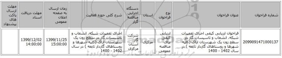 فراخوان ارزیابی کیفی   اجرای تعمیرات شبکه، انشعاب و تاسیسات گاز در سطح زون  یک شهرستان اراک (کلیه شهرها و روستاهای گازدار تابعه ) در سال  1402 - 1400 