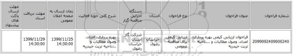 فراخوان ارزیابی کیفی بهره برداری، امداد، وصول مطالبات و ...ناحیه تربت حیدریه