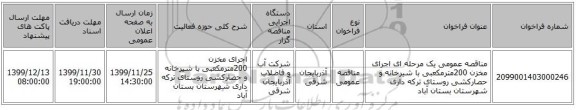 مناقصه عمومی یک مرحله ای اجرای مخزن 200مترمکعبی با شیرخانه و حصارکشی روستای ترکه داری شهرستان بستان آباد
