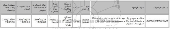 مناقصه عمومی یک مرحله ای آماده سازی سامانه 194 و بازسازی آبدارخانه و سرویس بهداشتی اداره گاز شهرستان شهریار