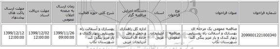 مناقصه عمومی یک مرحله ای بهسازی و آسفالت راه  روستایی زنهار کندی و یار عزیز ینگی کند شهرستان تکاب 