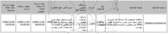 مناقصه عمومی یک مرحله ای خرید و حمل دیوار بتنی پیش ساخته به طول 5000 متر مطابق با نقشه و مشخصات فنی پیوست
