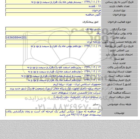 اجرای پروژه تکمیل اولویت اول شبکه معابر شهرک صنعتی فاز یک شهر جدید پرند
