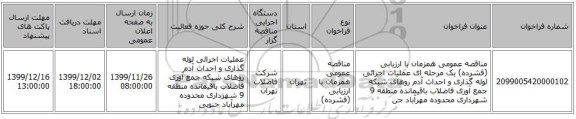 مناقصه عمومی همزمان با ارزیابی (فشرده) یک مرحله ای عملیات اجرائی لوله گذاری و احداث آدم روهای شبکه جمع آوری فاضلاب باقیمانده منطقه 9 شهرداری محدوده مهرآباد جن