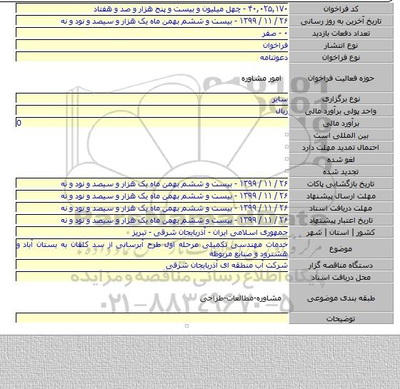 خدمات مهندسی تکمیلی مرحله اول طرح آبرسانی از سد کلقان به بستان آباد و هشترود و صنایع مربوطه