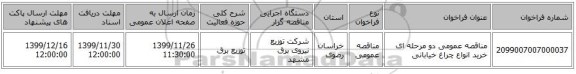 مناقصه عمومی دو مرحله ای خرید انواع چراغ خیابانی