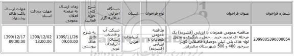 مناقصه عمومی همزمان با ارزیابی (فشرده) یک مرحله ای تجدید خرید ، حمل ، بارگیری و تحویل لوله های پلی اتیلن دوجداره فاضلابی کوپلر سرخود 400 و 500 شهرستان چالدران