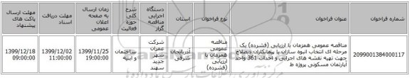 مناقصه عمومی همزمان با ارزیابی (فشرده) یک مرحله ای انتخاب انبوه سازان یا پیمانکاران  ذیصلاح جهت تهیه نقشه های اجرایی و احداث 361 واحد آپارتمان مسکونی  پروژه ط