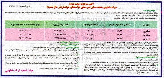 مزایده فروش تعدادی از واحدهای تکمیل شده با کاربری مسکونی - نوبت دوم