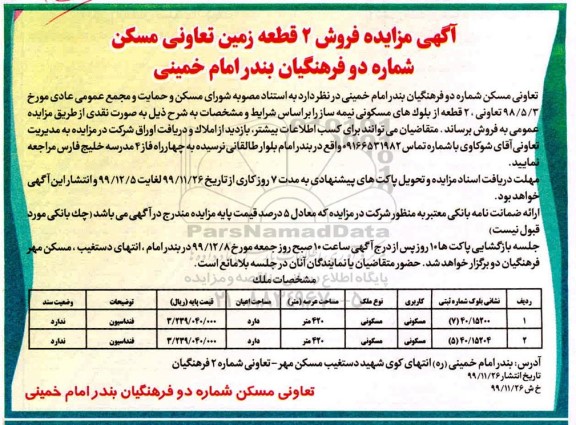 مزایده، مزایده فروش 2 قطعه زمین مسکونی 