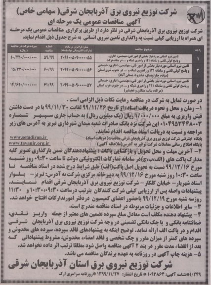 مناقصه عمومی ، مناقصه تامین نیرو انسانی مورد نیاز بخشی از امور فنی، مهندسی، اداری، و پاسخ گویی تلفنی ...