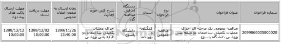 مناقصه عمومی یک مرحله ای اجرای عملیات  تکمیلی ساختمان  دو طبقه بتنی ورزشی دانشگاه یاسوج
