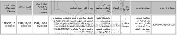 مناقصه عمومی یک مرحله ای تکمیل ساختمان مرکز تحقیقات سلامت و ایمنی غذا