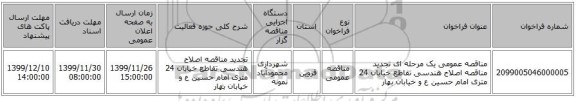 مناقصه عمومی یک مرحله ای تجدید مناقصه اصلاح هندسی تقاطع خیابان 24 متری امام حسین ع  و خیابان بهار 