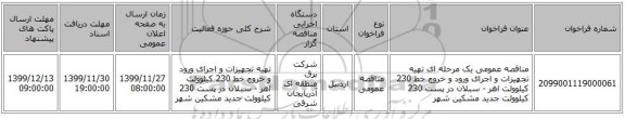 مناقصه عمومی یک مرحله ای تهیه تجهیزات و اجرای ورود و خروج خط 230 کیلوولت اهر - سبلان در پست 230 کیلوولت جدید مشکین شهر