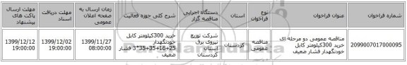 مناقصه عمومی دو مرحله ای خرید 300کیلومتر کابل خودنگهدار فشار ضعیف