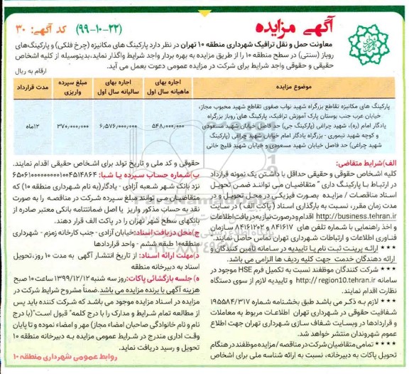 مزایده ، مزایده  پارکینگ های مکانیزه (چرخ فلکی) و پارکینگ های روباز (سنتی)