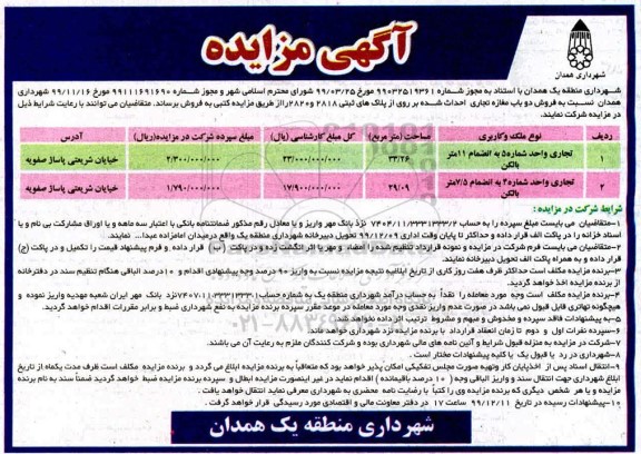 مزایده ،مزایده فروش دو باب مغازه تجاری