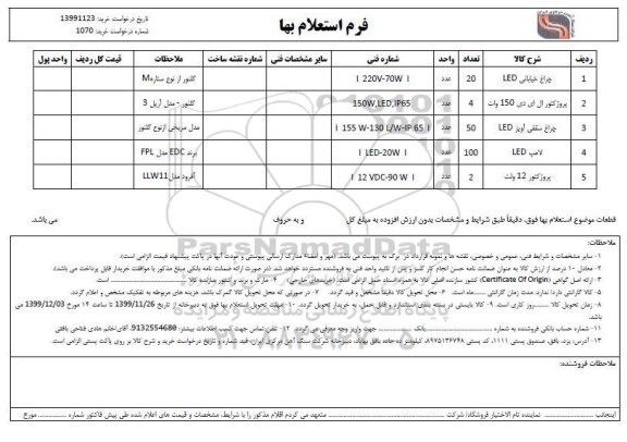 استعلام, استعلام چراغ خیابانی LED... 