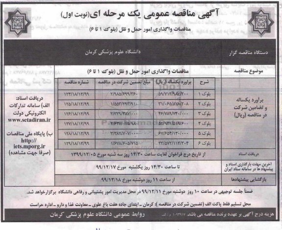 مناقصه عمومی,  مناقصات واگذاری امور حمل و نقل (بلوک 1 تا 6) 