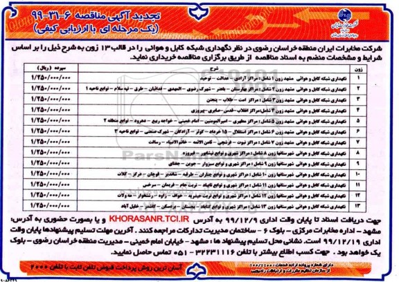 مناقصه نگهداری شبکه کابل و هوایی تجدید