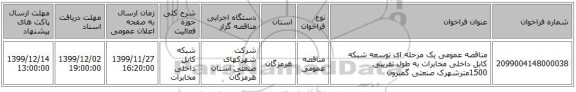 مناقصه عمومی یک مرحله ای توسعه شبکه کابل داخلی مخابرات به طول تقریبی 1500مترشهرک صنعتی گمبرون