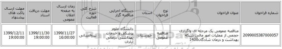 مناقصه عمومی یک مرحله ای واگذاری حجمی از عملیات امور مالی شبکه بهداشت و درمان شادگان1400