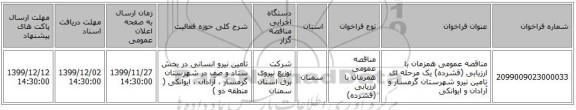 مناقصه عمومی همزمان با ارزیابی (فشرده) یک مرحله ای تامین نیرو  شهرستان گرمسار و آرادان و ایوانکی
