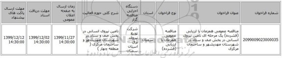مناقصه عمومی همزمان با ارزیابی (فشرده) یک مرحله ای تامین نیروی انسانی در بخش صف و ستاد در شهرستان مهدیشهر و ساختمان مرکزی 