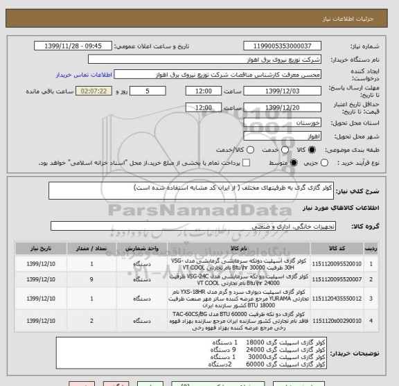 استعلام کولر گازی گری به ظرفیتهای مختلف ( از ایران کد مشابه استفاده شده است)