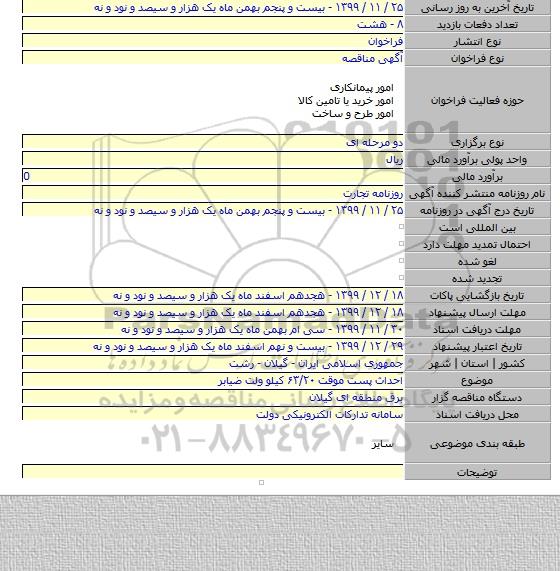 احداث پست موقت ۶۳/۲۰ کیلو ولت ضیابر