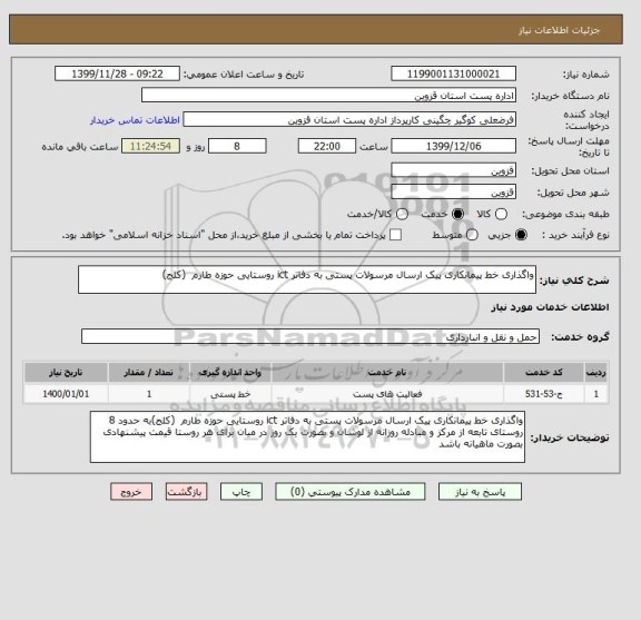 استعلام واگذاری خط پیمانکاری پیک ارسال مرسولات پستی به دفاتر ict روستایی حوزه طارم  (کلج)